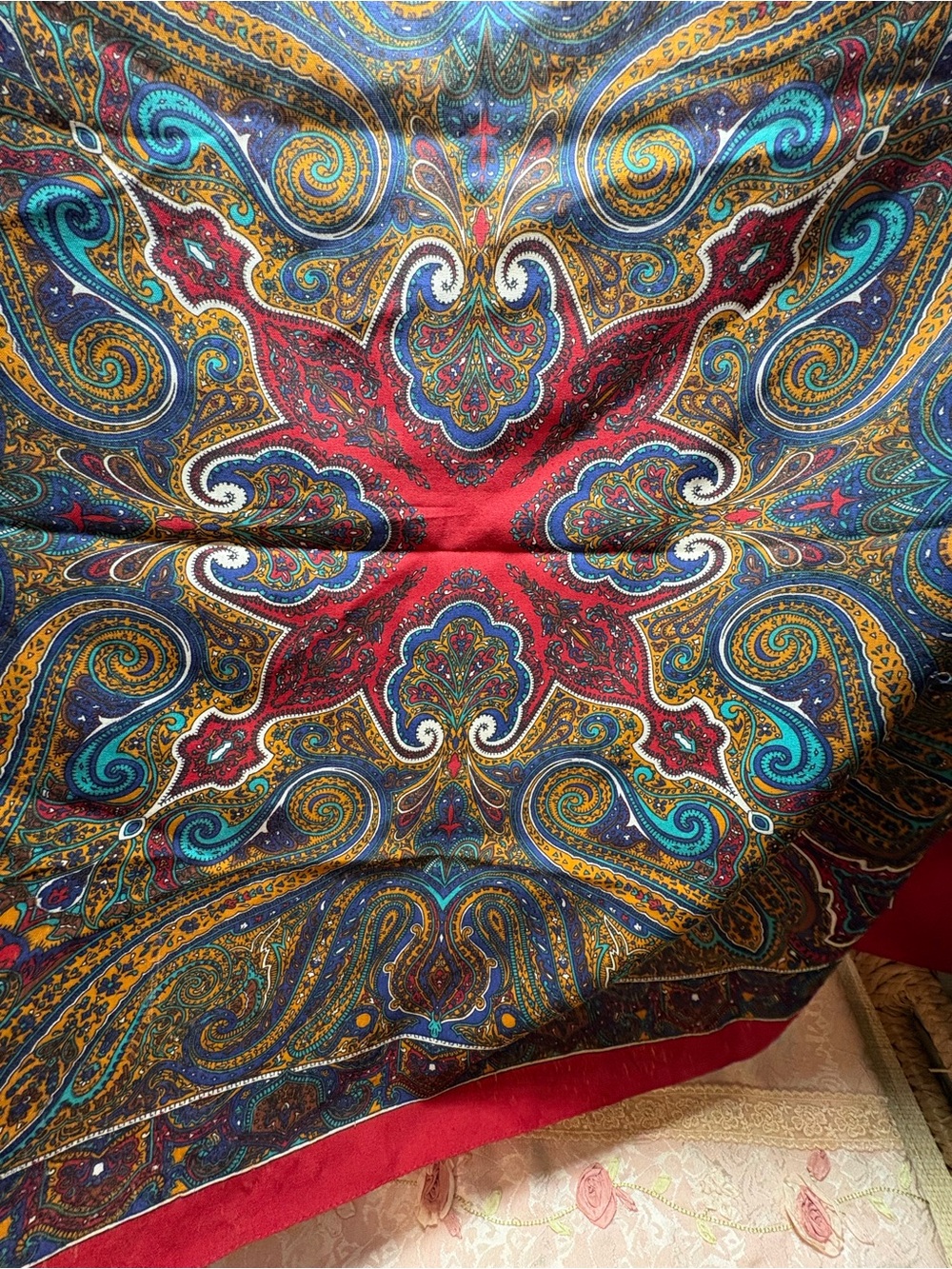 Multicolor Paisley Square Scarf Red Navy Teal Gold Boho Maximalist